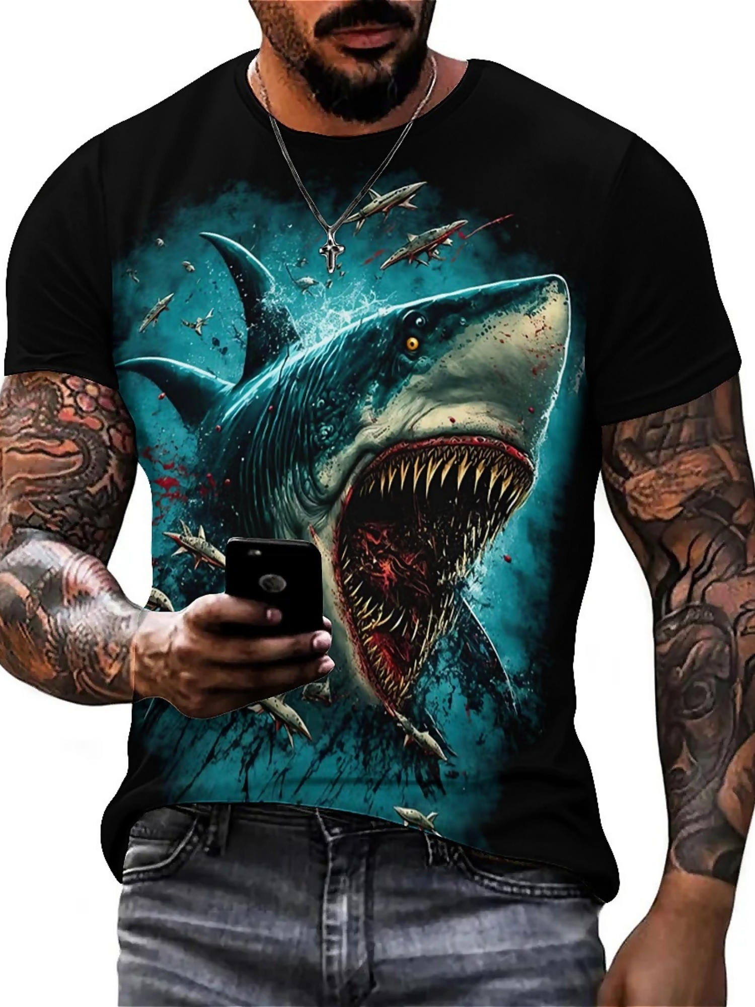 Men's 3D Shark Print T-Shirt - - 3D Printing Designing のレビューと価格