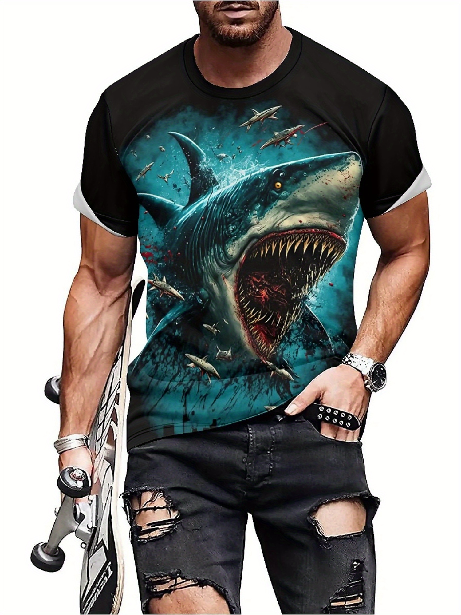Men's 3D Shark Print T-Shirt - - 3D Printing Designing のレビューと価格